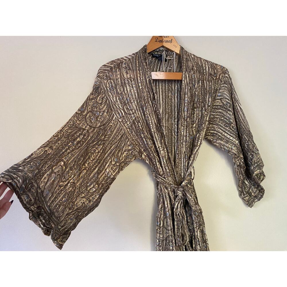 Vintage Semi Sheer 100% Silk Robe Paisley Brown / Blue Small Deane & White